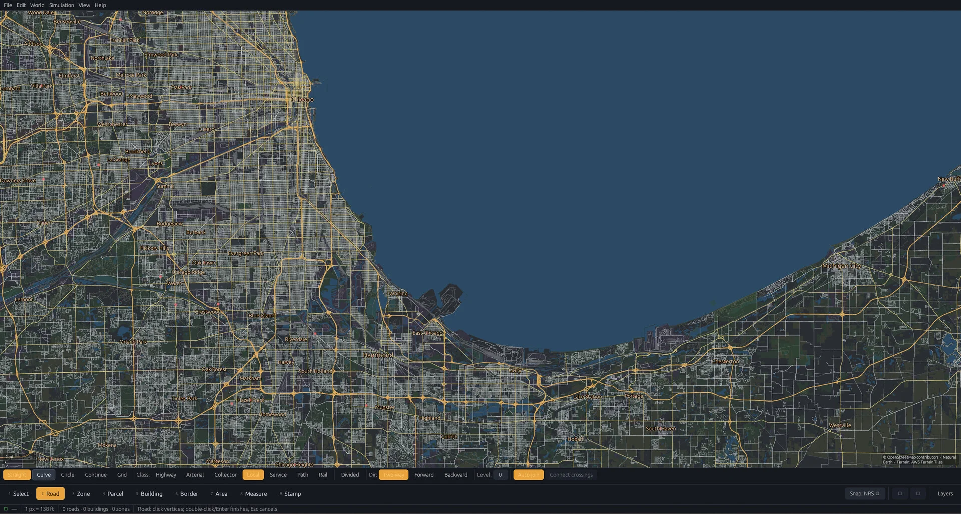 Chicago and the southern shore of Lake Michigan in MapCity, showing a detailed network of streets across the region